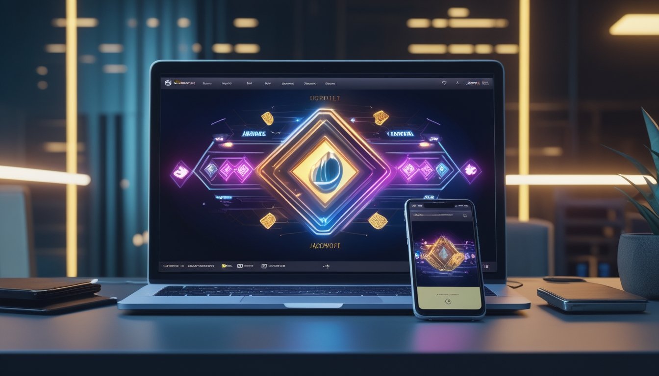 Laptop dan ponsel menampilkan antarmuka permainan digital abstrak di atas meja kerja modern.
