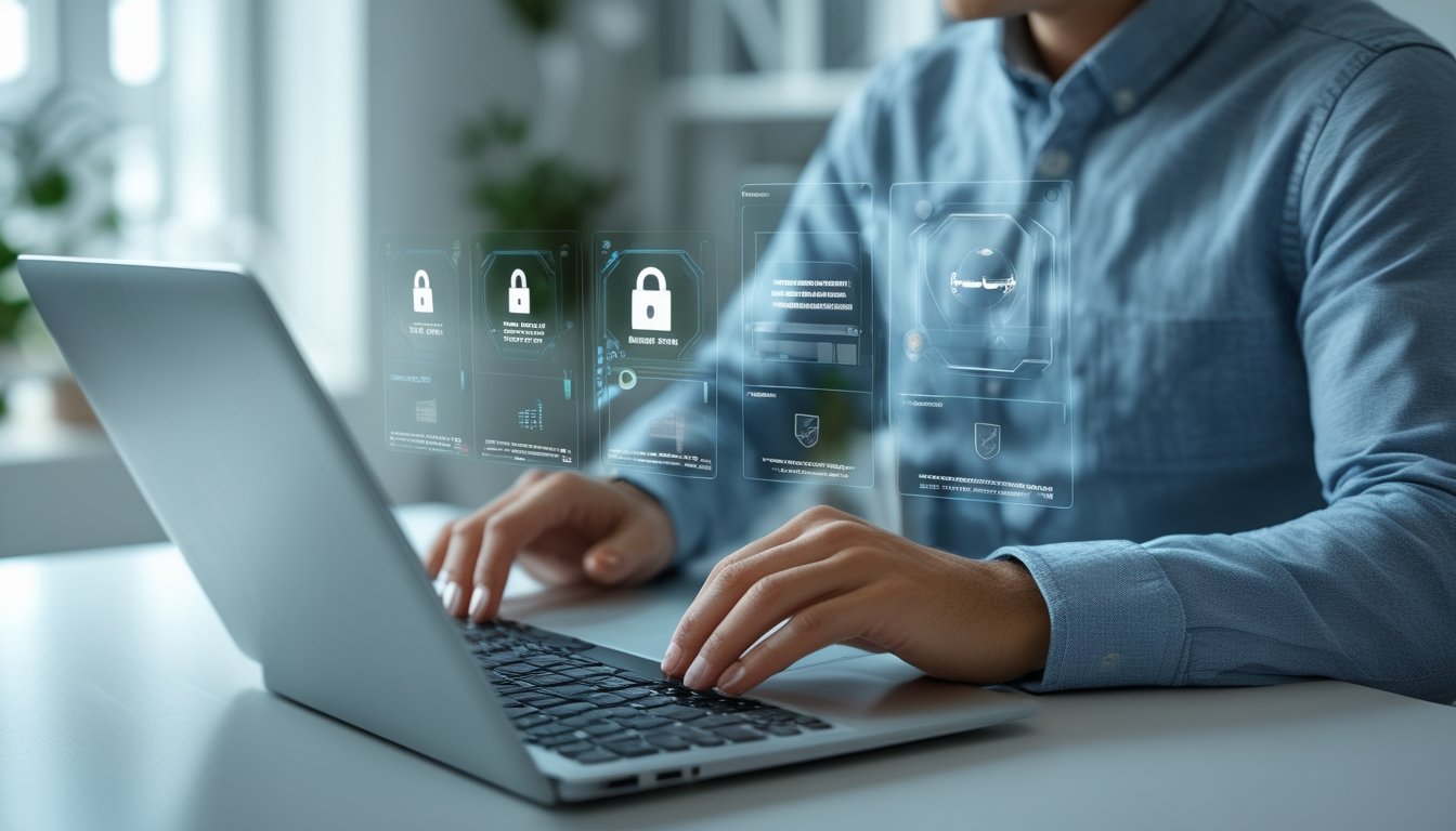 Seseorang membandingkan platform permainan digital dengan simbol keamanan, verifikasi, dan perlindungan privasi di layar laptop.