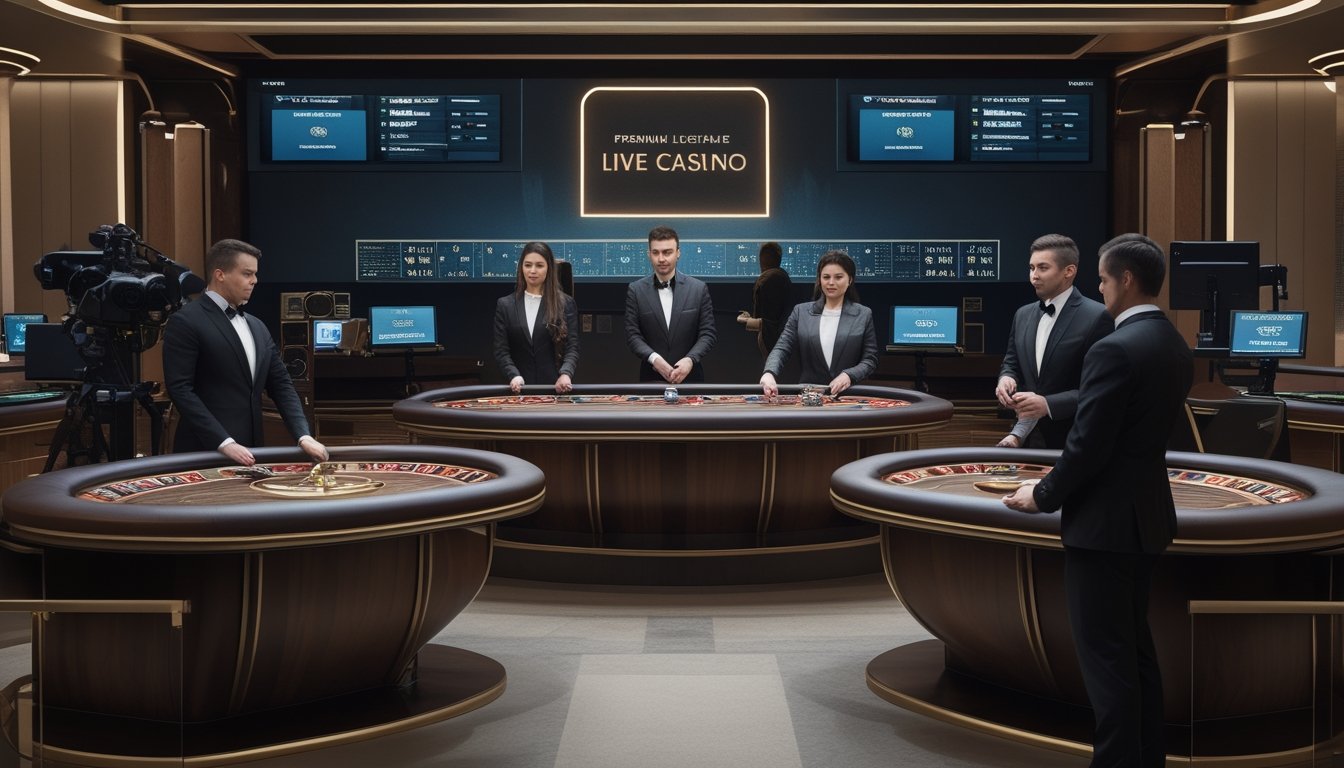 Studio kasino modern dengan dealer profesional yang memandu permainan roulette dan kartu secara langsung.