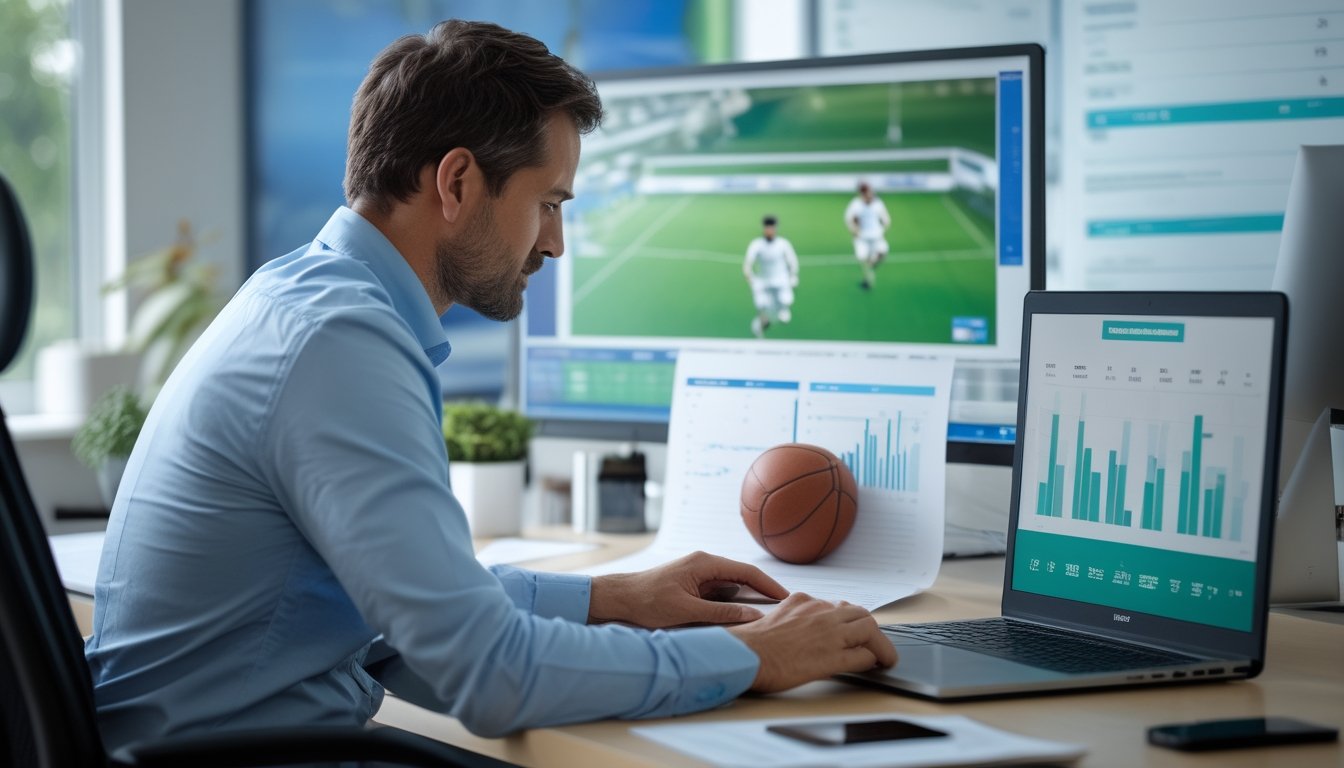 Seorang analis sepak bola dewasa mempelajari statistik pertandingan di meja kerja dengan laptop, grafik, dan bola sepak di ruangan modern.