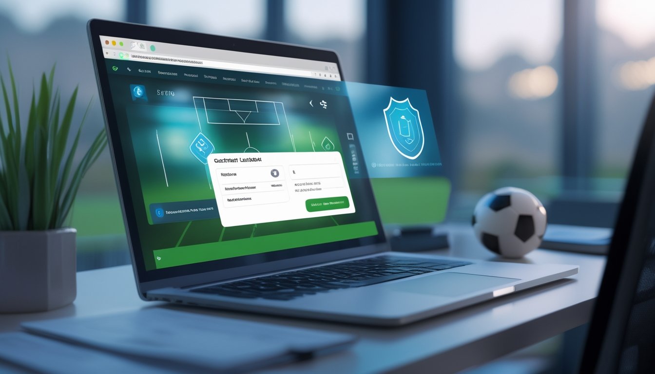 Meja kerja modern dengan laptop, ponsel, ikon keamanan, dokumen verifikasi, dan bola sepak.