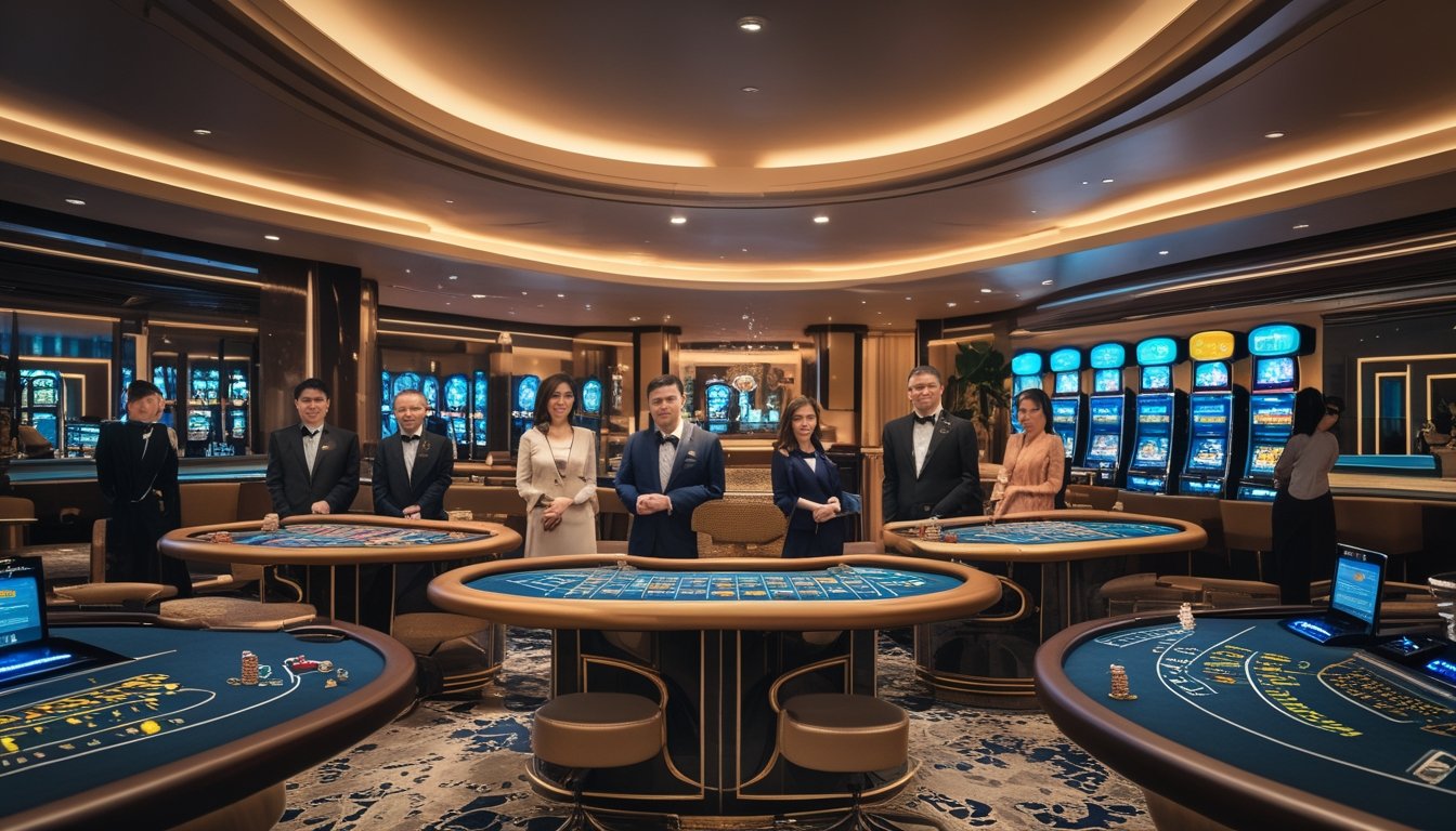 Suasana lounge permainan modern dengan meja roulette, baccarat, blackjack, poker, dan mesin permainan elektronik.