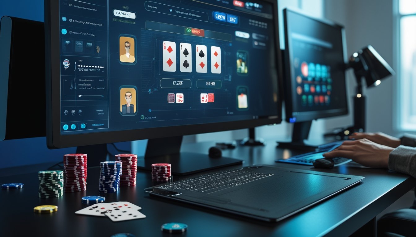 Meja dengan kartu poker, keping domino, dan beberapa monitor yang menampilkan antarmuka permainan digital.