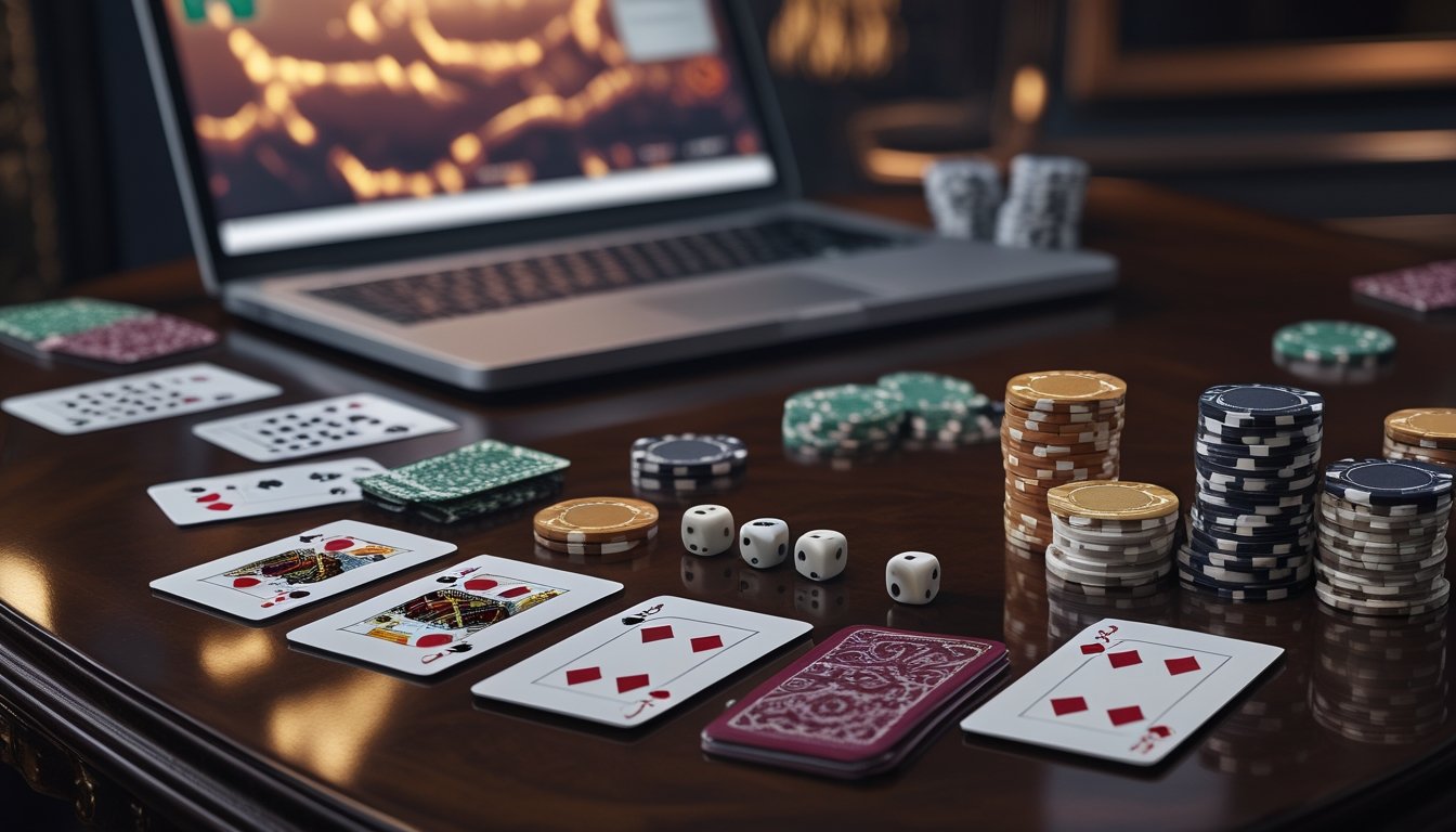 Meja permainan dengan kartu poker, keping domino, chip, dan laptop di latar belakang.