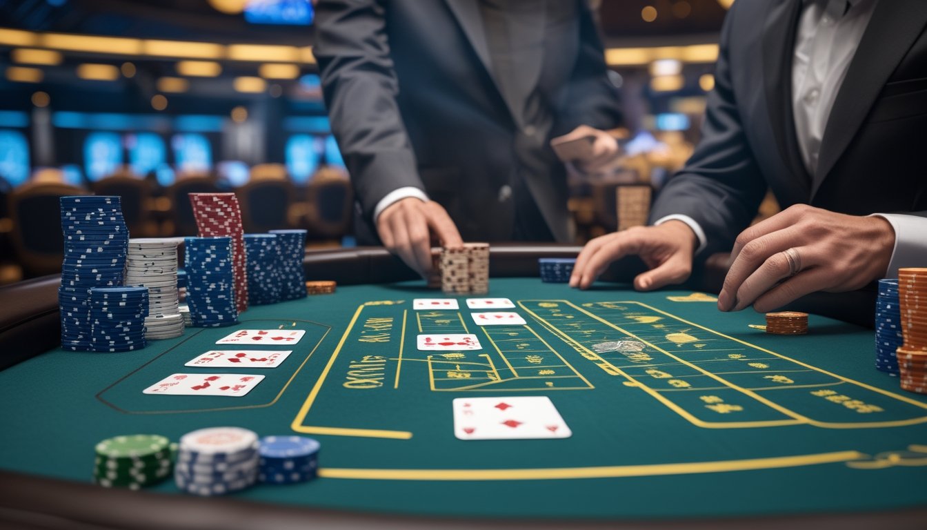 Pemula belajar bermain baccarat di meja kasino bersama dealer.