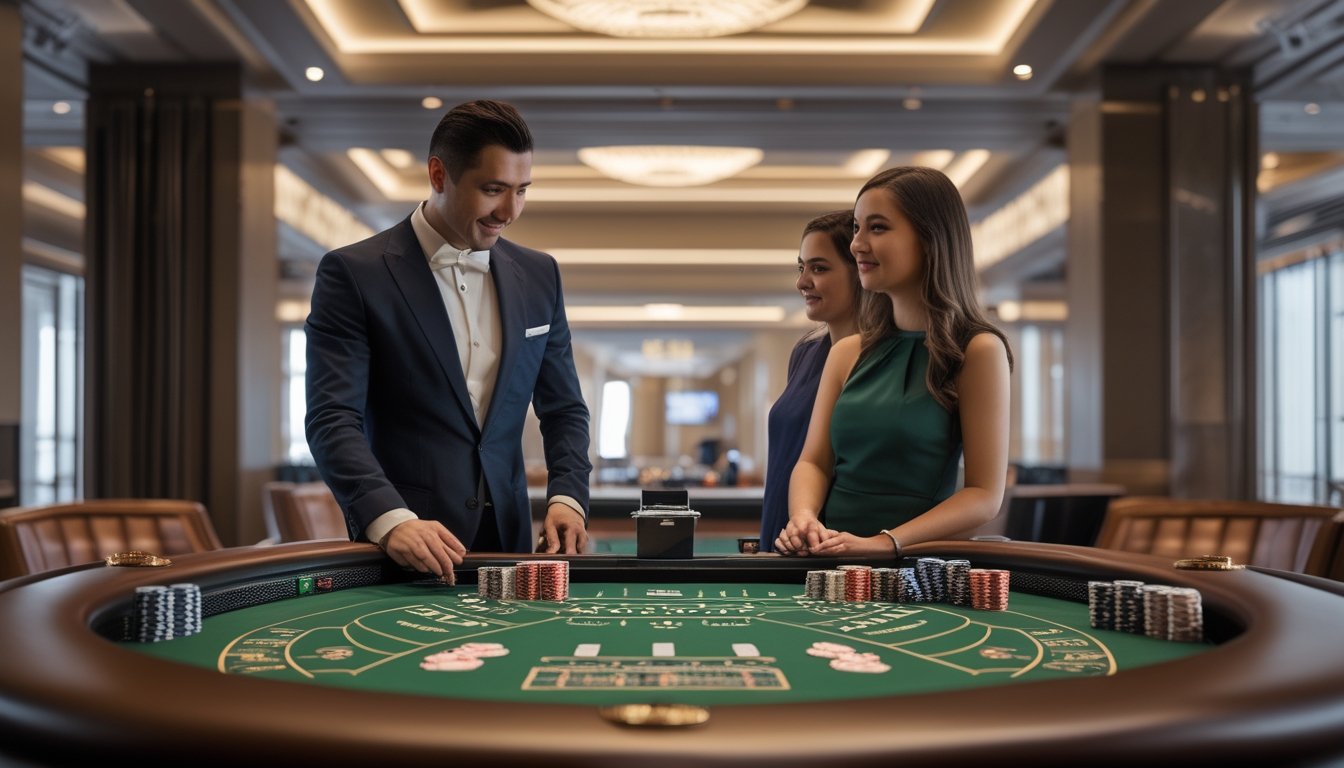 Seorang dealer menjelaskan permainan baccarat tanpa komisi kepada dua pemula di meja kasino.