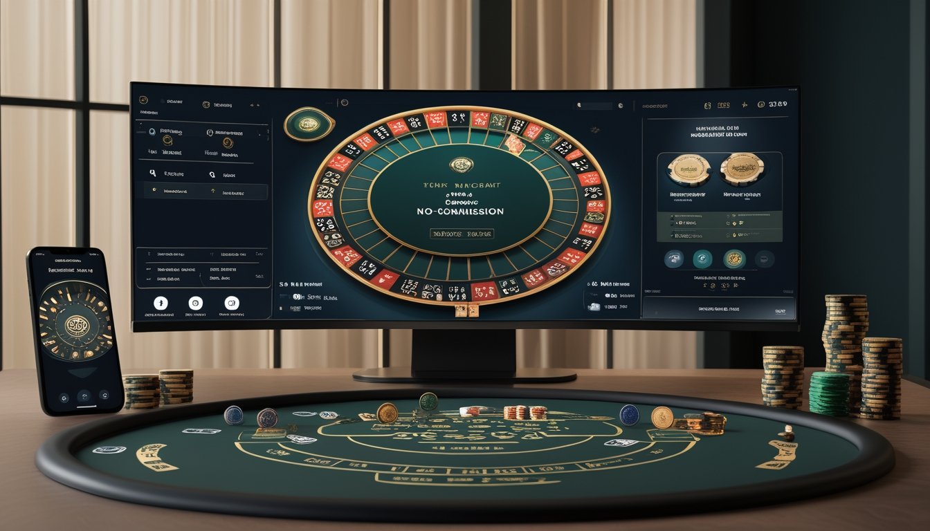 Meja baccarat virtual dengan kartu, chip kasino, dan tampilan digital modern.