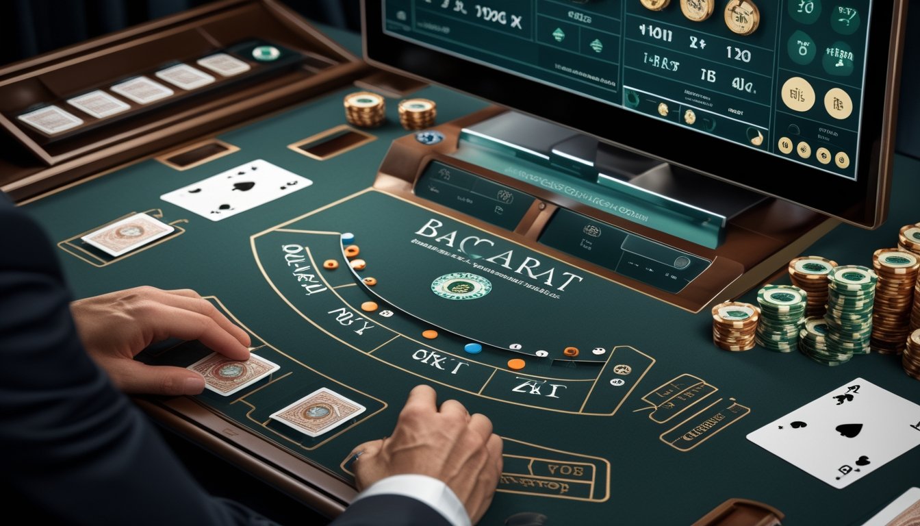 Meja baccarat digital dengan kartu, keping taruhan, dan tangan dealer yang sedang mengatur kartu.