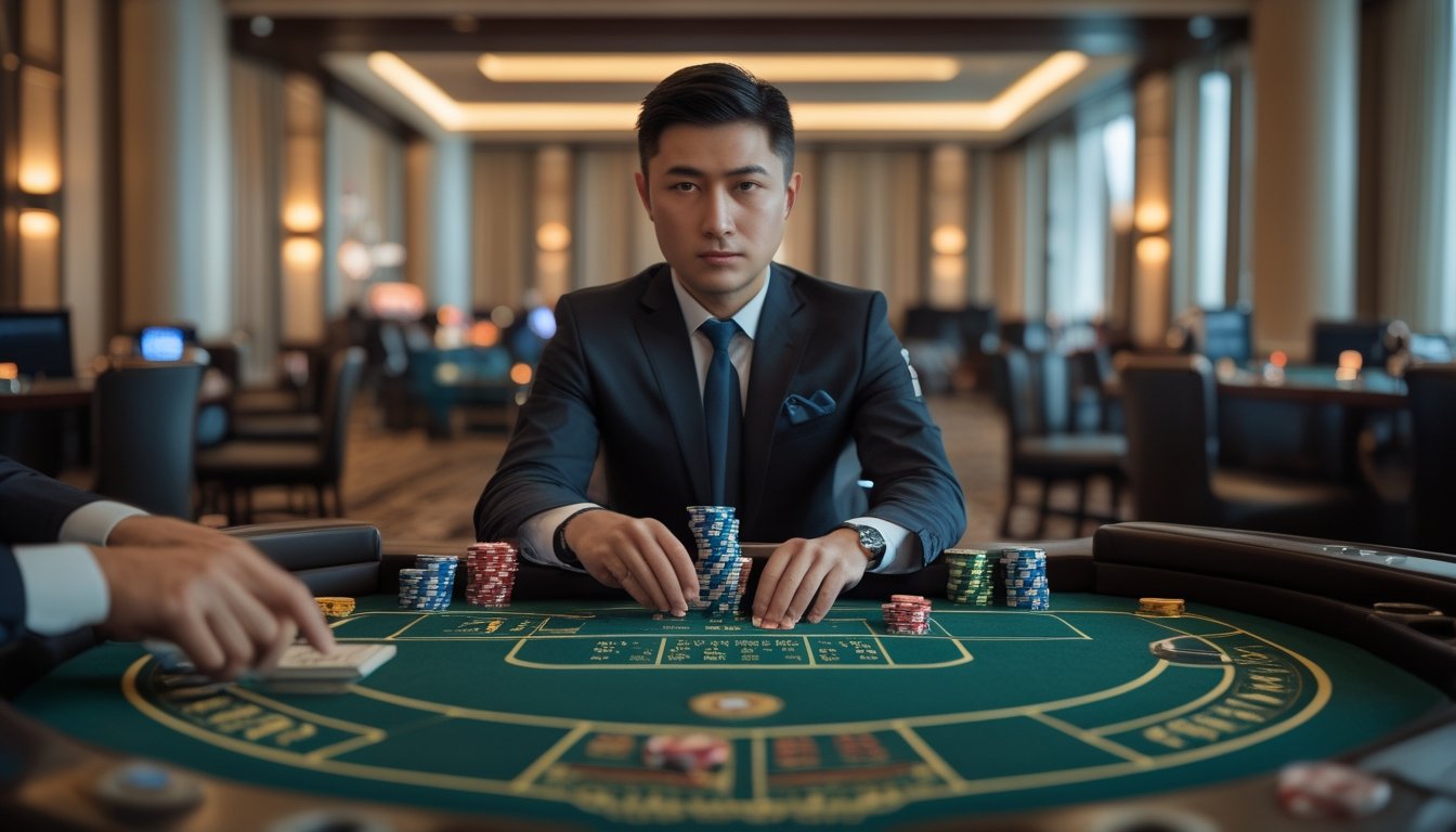 Pemain dewasa fokus bermain baccarat di meja kasino dengan kartu dan keping taruhan.