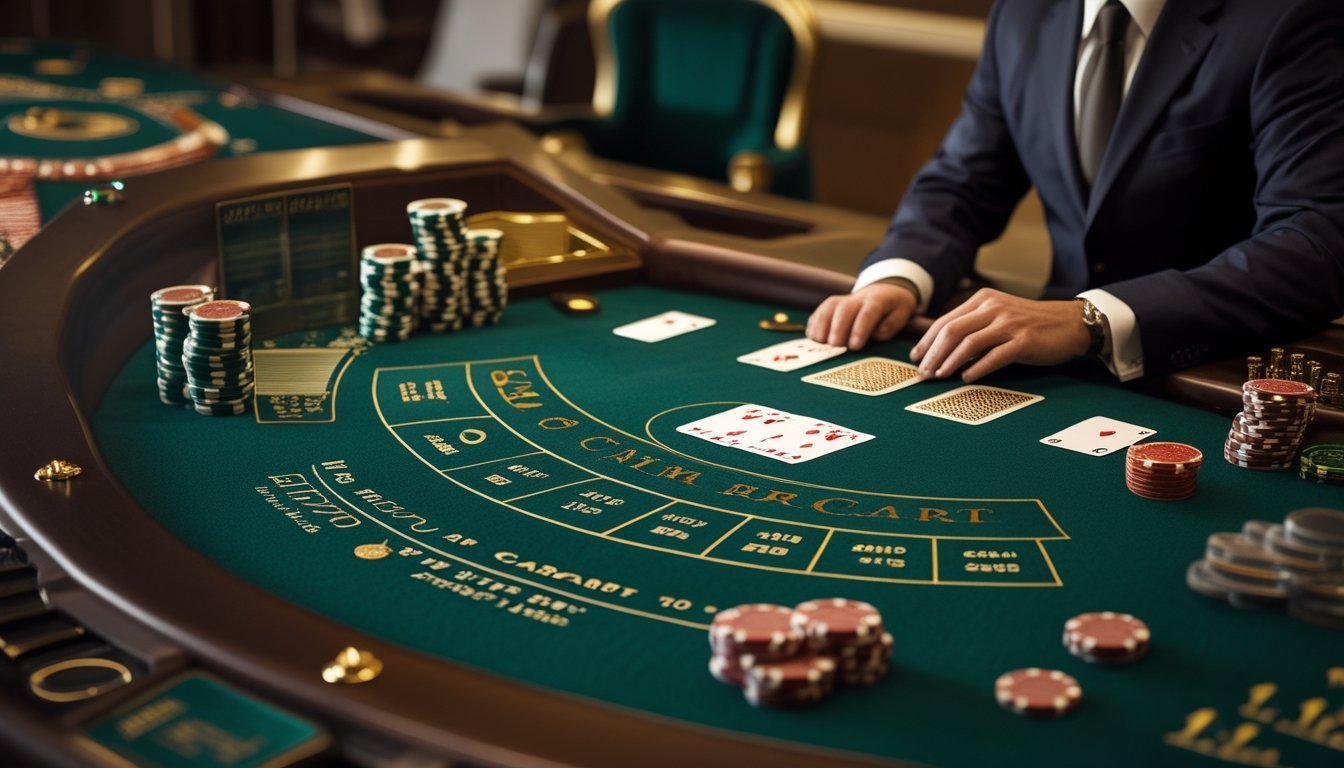 Dealer dan pemain dewasa sedang mempelajari tata letak meja baccarat dengan kartu dan keping kasino.
