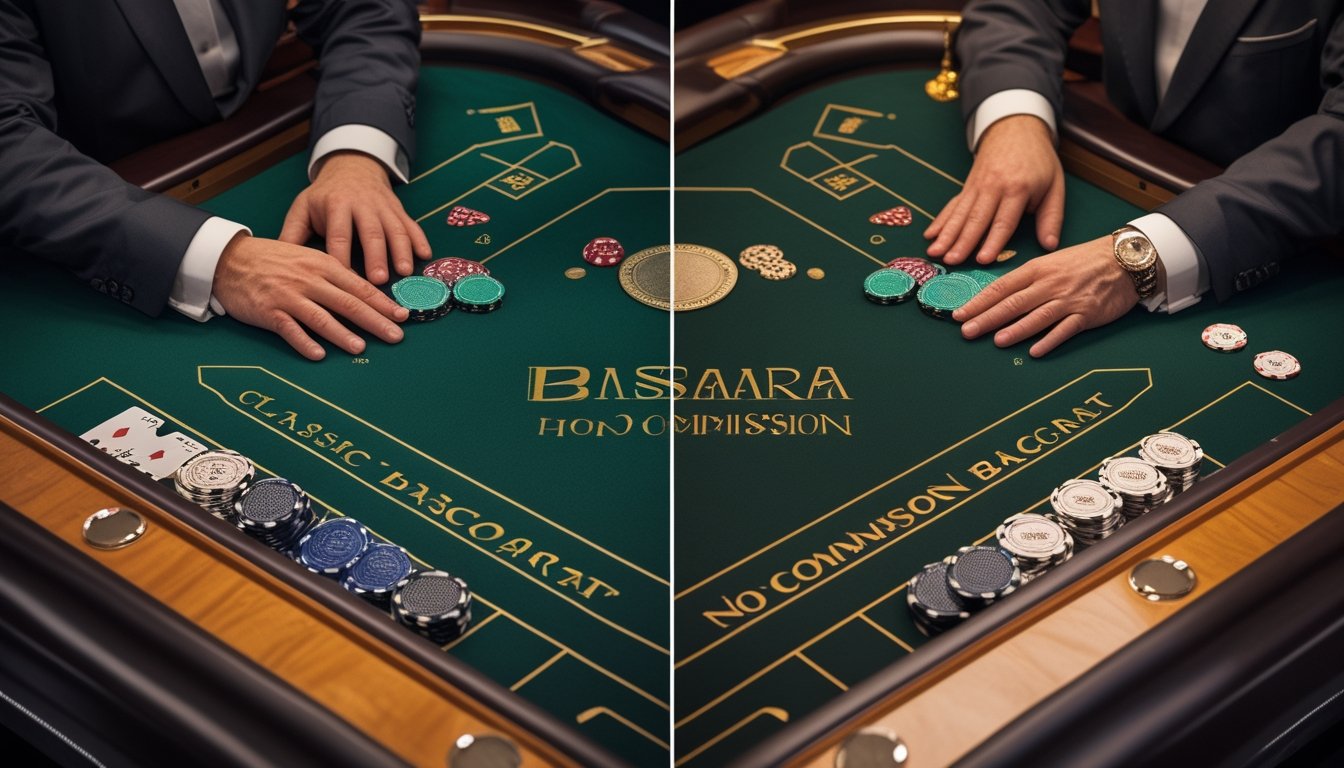 Meja baccarat di kasino dengan kartu, keping taruhan, dan dealer yang membandingkan dua tata letak permainan.