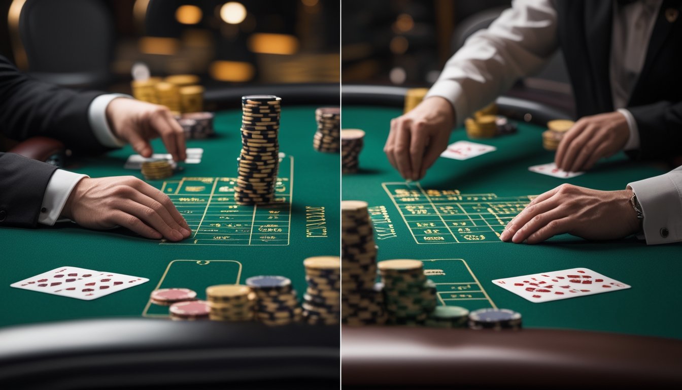 Meja baccarat dengan kartu dan keping taruhan yang memperlihatkan dua susunan permainan berbeda.