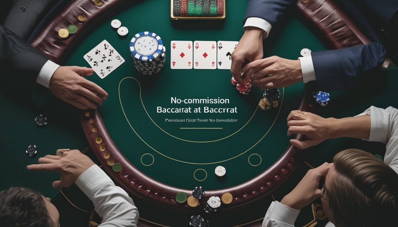 Suasana meja baccarat dengan kartu, keping taruhan, dealer, dan pemain yang mengamati permainan.