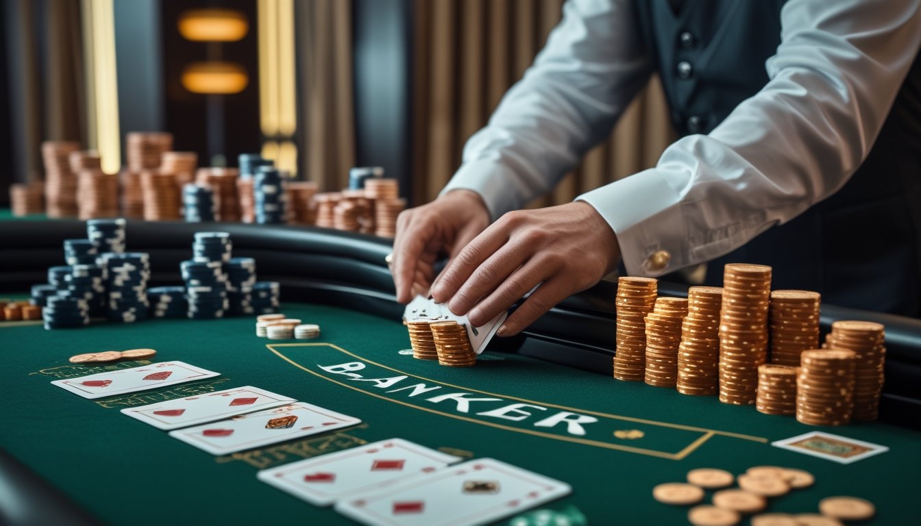 Meja baccarat dengan kartu, keping kasino, dan dealer yang mengatur permainan di area taruhan Banker.