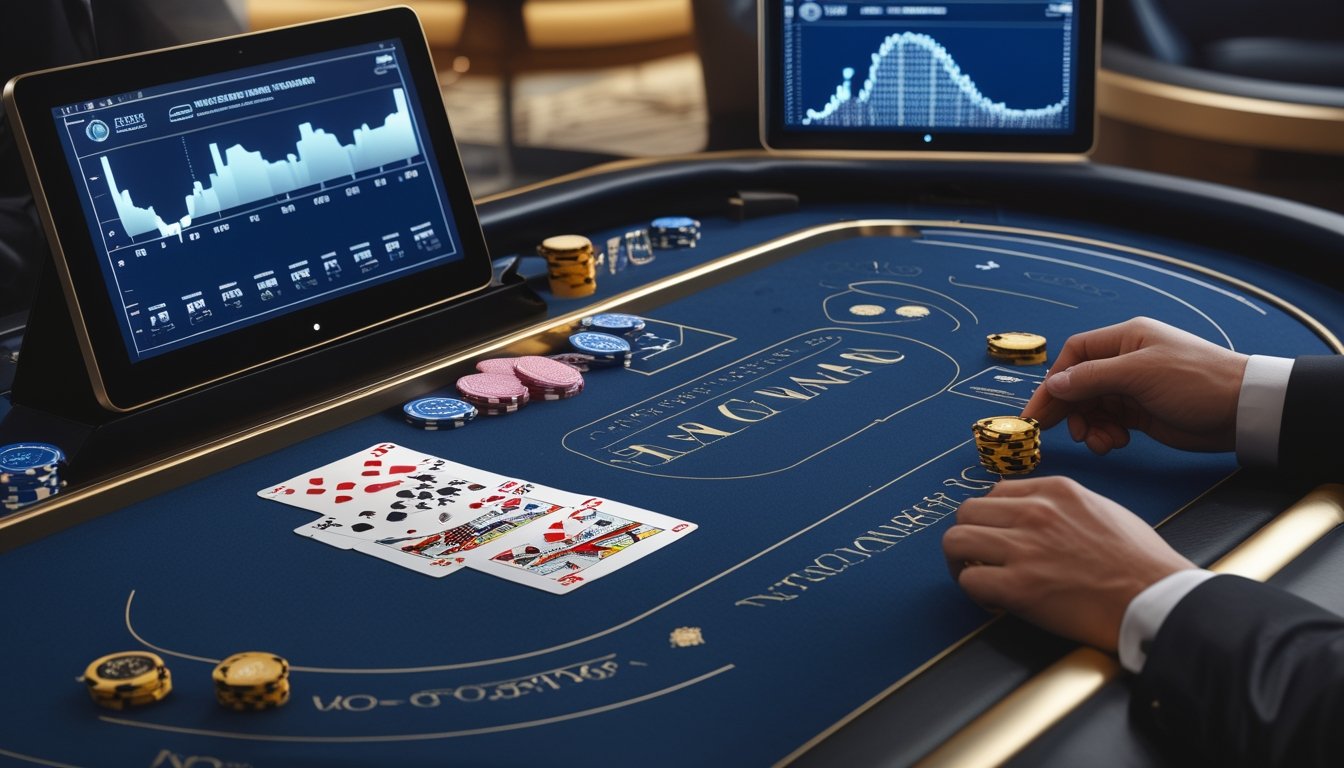 Meja baccarat dengan kartu, keping kasino, dan tablet yang menampilkan grafik analisis di dalam kasino modern.