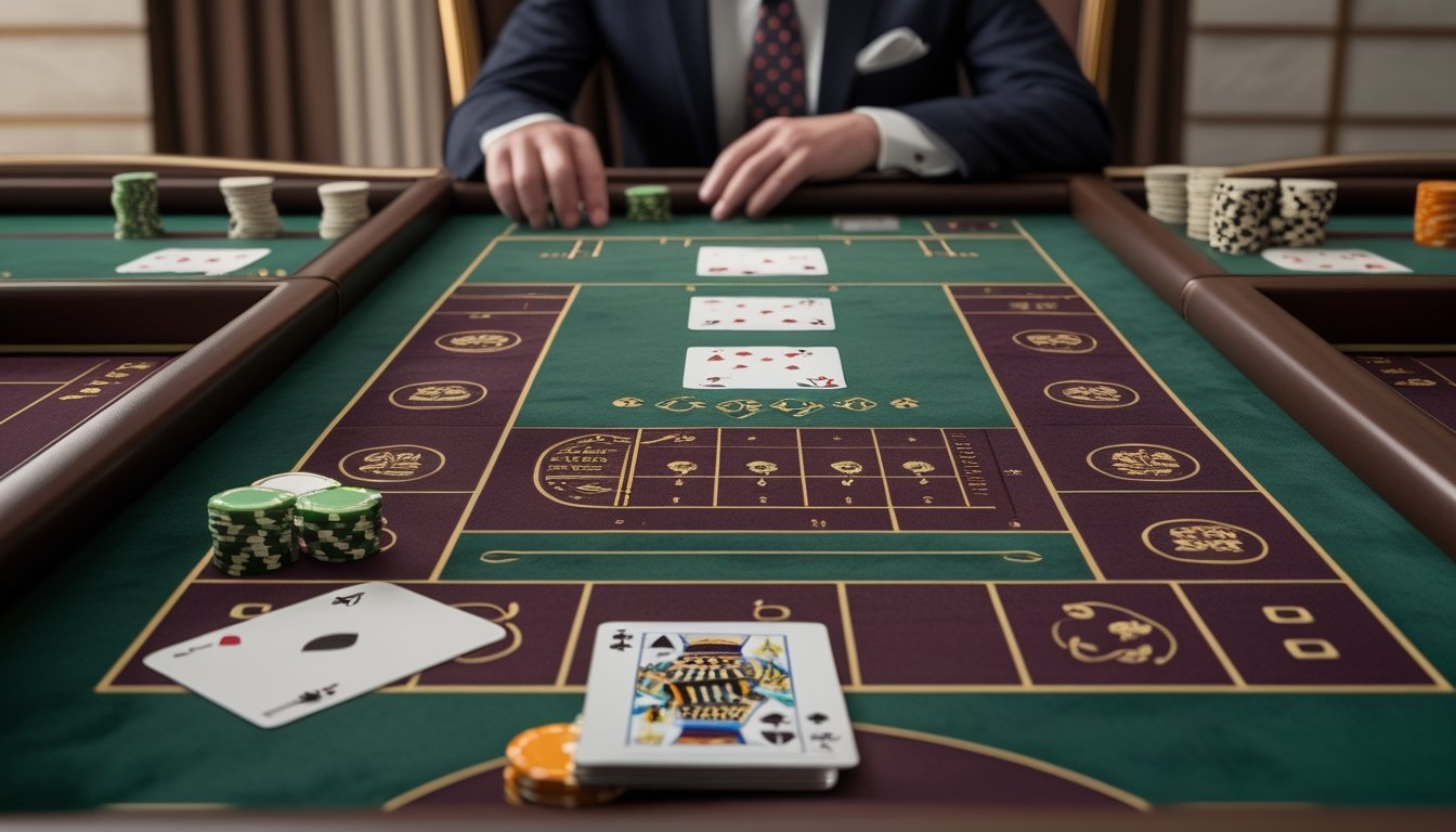 Meja baccarat modern dengan kartu, tumpukan chip kasino, dan dealer di latar belakang.