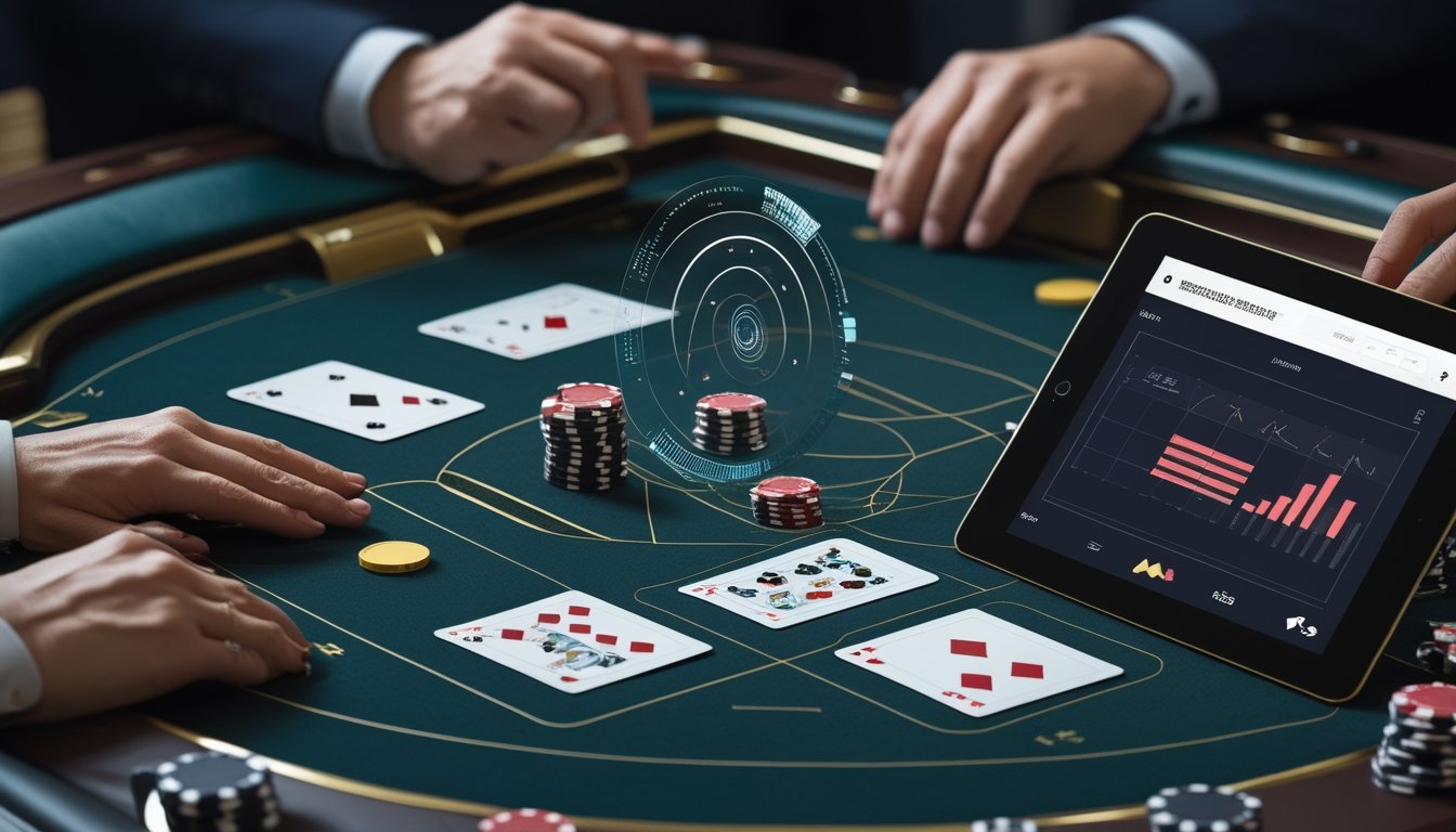 Meja baccarat elegan dengan kartu, keping kasino, dan perangkat digital yang menampilkan grafik abstrak.