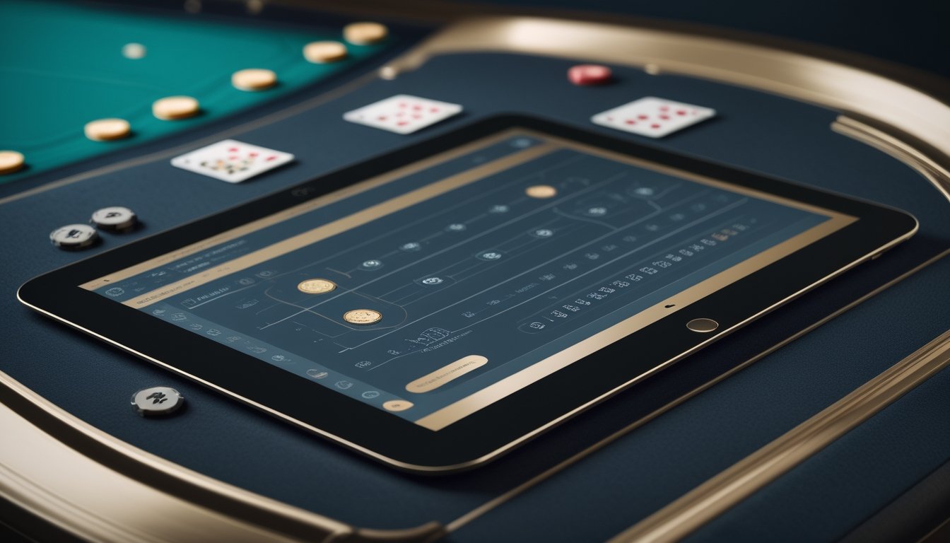 Tablet dengan grafik kalkulator strategi di atas meja baccarat, dikelilingi kartu dan keping kasino.