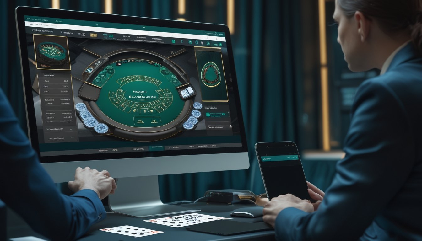 Perangkat digital menampilkan permainan baccarat modern dengan kartu dan area taruhan di lingkungan kasino online.