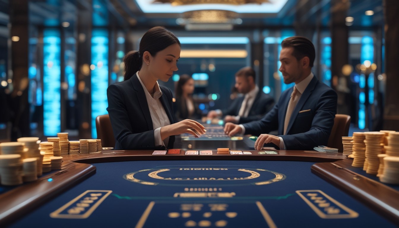 Meja baccarat modern dengan kartu, keping kasino, dealer, dan pemain dalam suasana kasino online yang elegan.