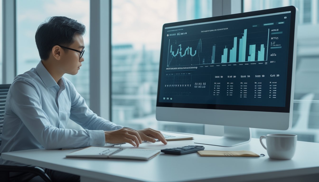 Seorang analis mempelajari grafik probabilitas dan pola data di ruang kerja modern.