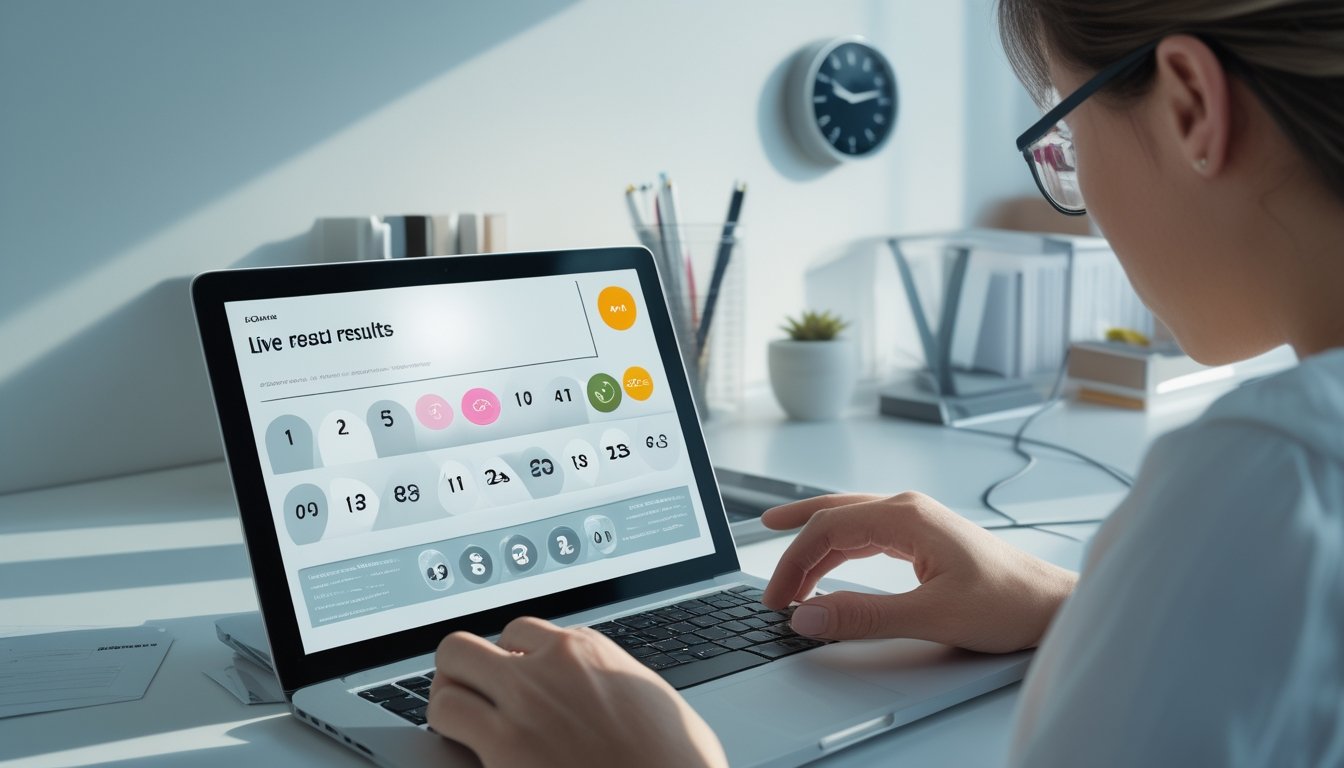 Seseorang memeriksa hasil undian langsung melalui laptop dan ponsel di meja kerja modern.