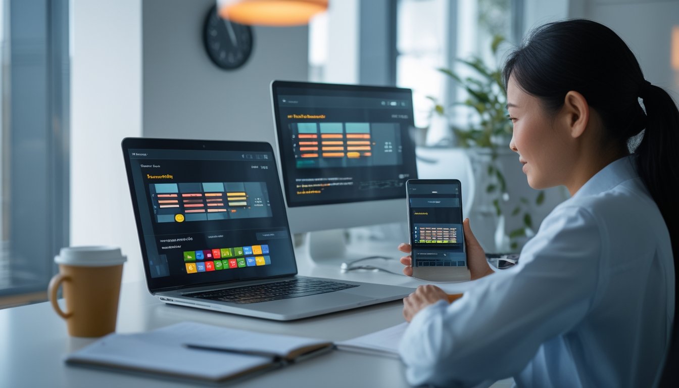 Seseorang memeriksa hasil undian langsung melalui laptop dan ponsel di ruang kerja modern.