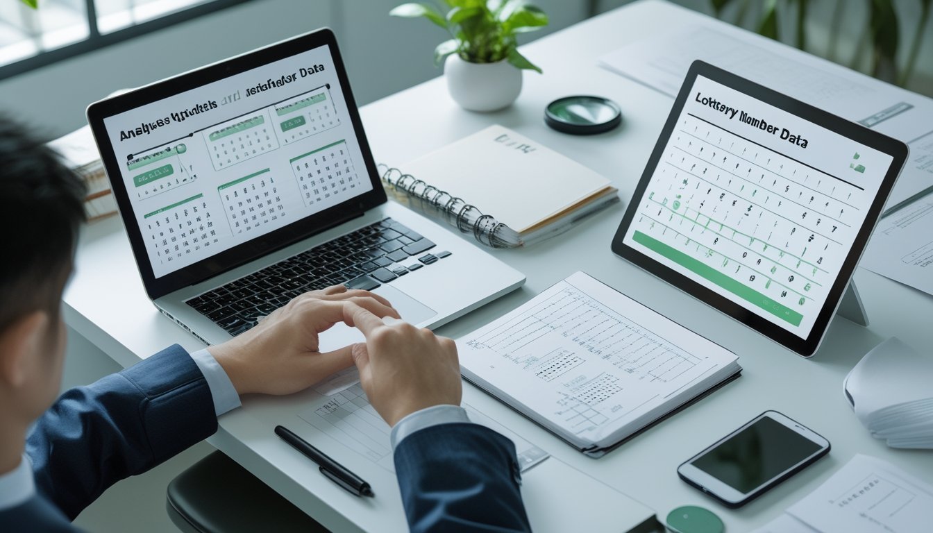Tangan analis meninjau grafik data abstrak di laptop pada meja kerja modern.
