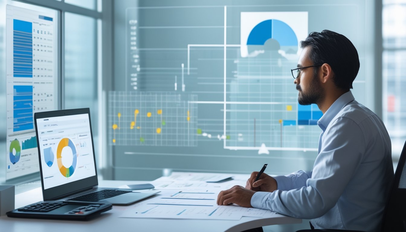 Seorang analis memeriksa grafik dan dokumen data di meja kerja modern.