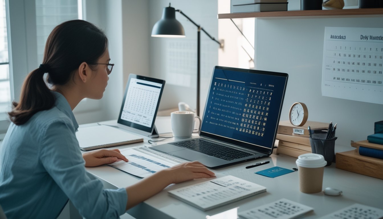 Seseorang menganalisis pola angka dan data di meja kerja dengan laptop, tablet, kalkulator, dan catatan.