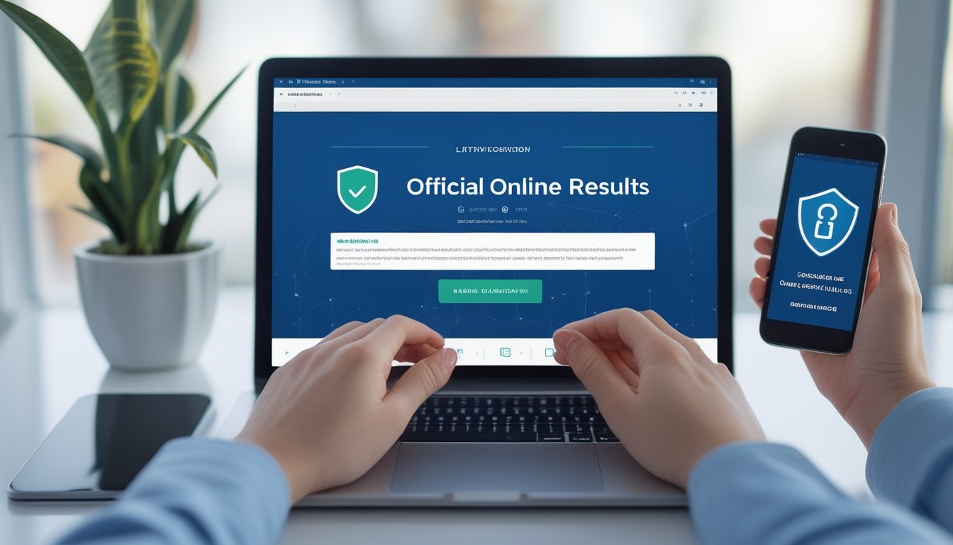 Seseorang memeriksa keamanan dan keaslian situs web melalui laptop dan ponsel di ruang kerja modern.