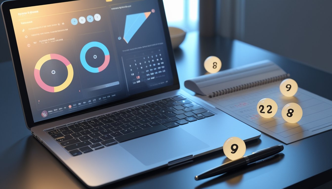 Meja kerja modern dengan laptop berisi grafik abstrak, kalender tanpa tulisan, dan beberapa bola bernomor samar.