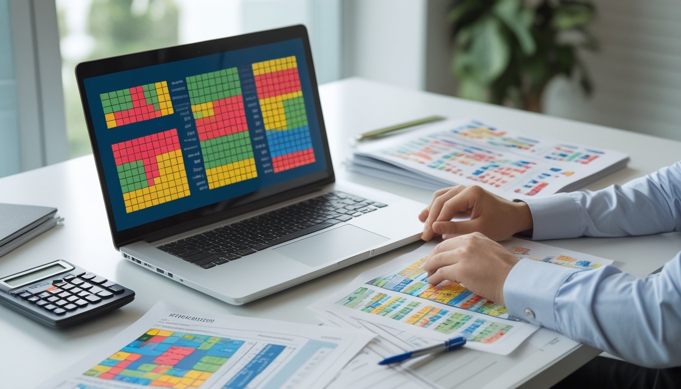 Seorang analis meninjau tabel data berwarna di meja kerja dengan laptop dan kalkulator.