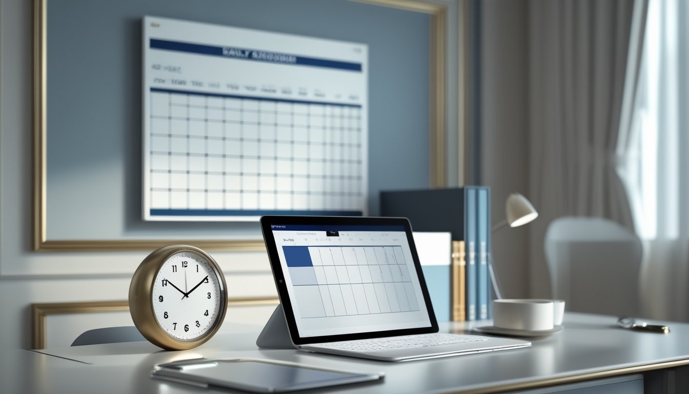 Meja kerja modern dengan jam digital, kalender, tablet, laptop, dan buku agenda yang menampilkan jadwal secara abstrak.