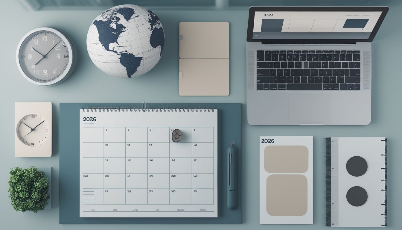 Meja kerja modern dengan kalender kosong, globe zona waktu, dan beberapa jam.