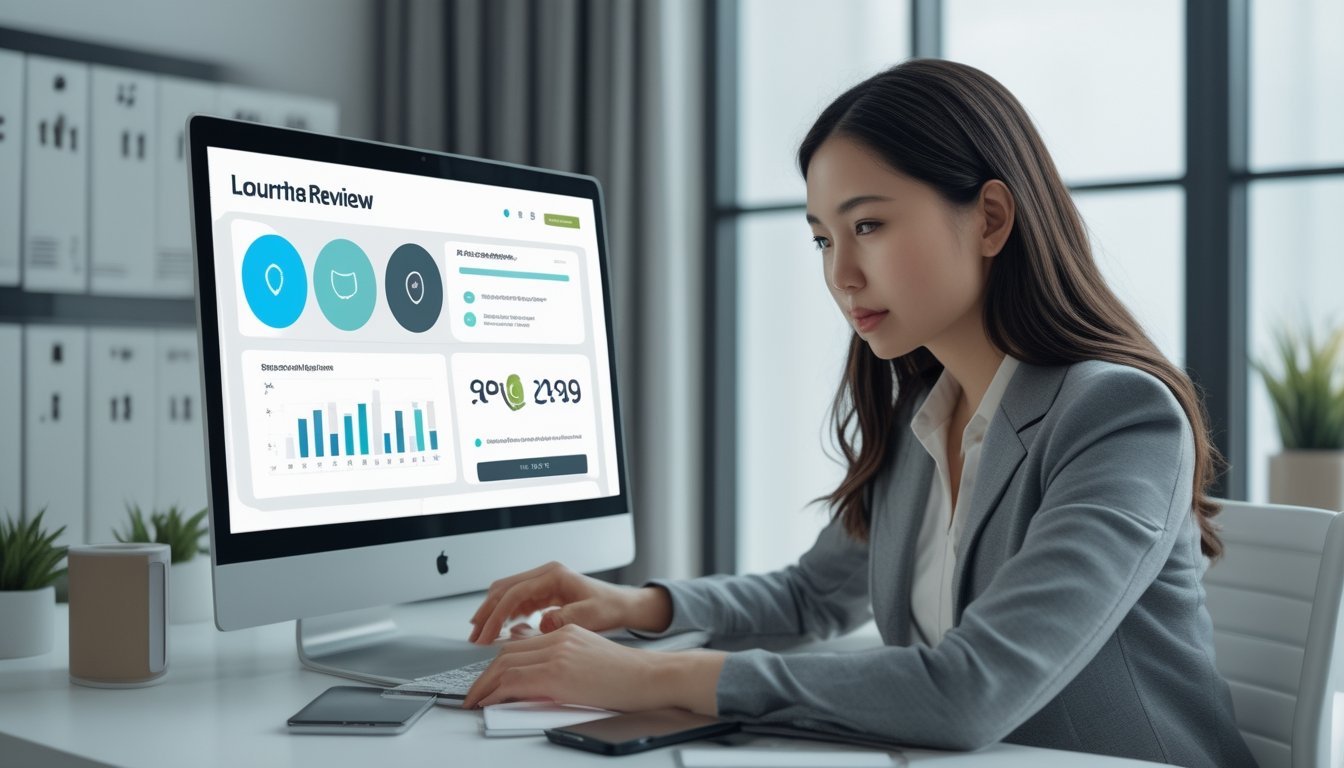 Seorang profesional memeriksa dasbor digital aman di laptop dan ponsel pada meja kerja modern.