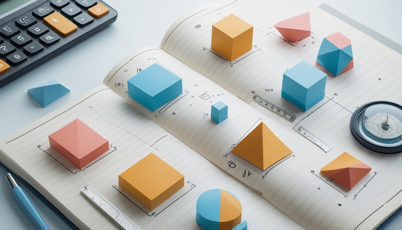 Meja belajar dengan buku berisi diagram bentuk geometri 2D dan 3D, kalkulator, penggaris, kompas, dan balok warna-warni.