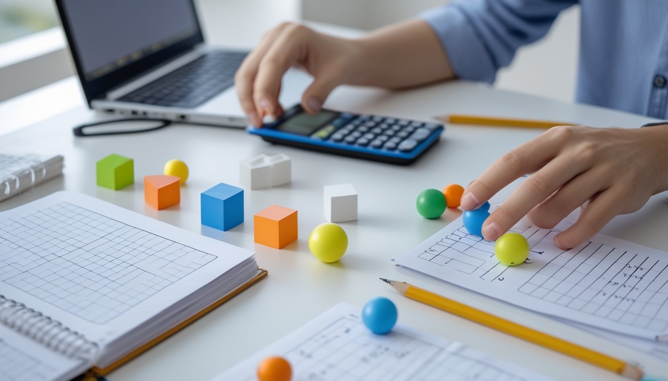 Tangan siswa menyusun benda geometris dua dimensi dan tiga dimensi di atas meja belajar.