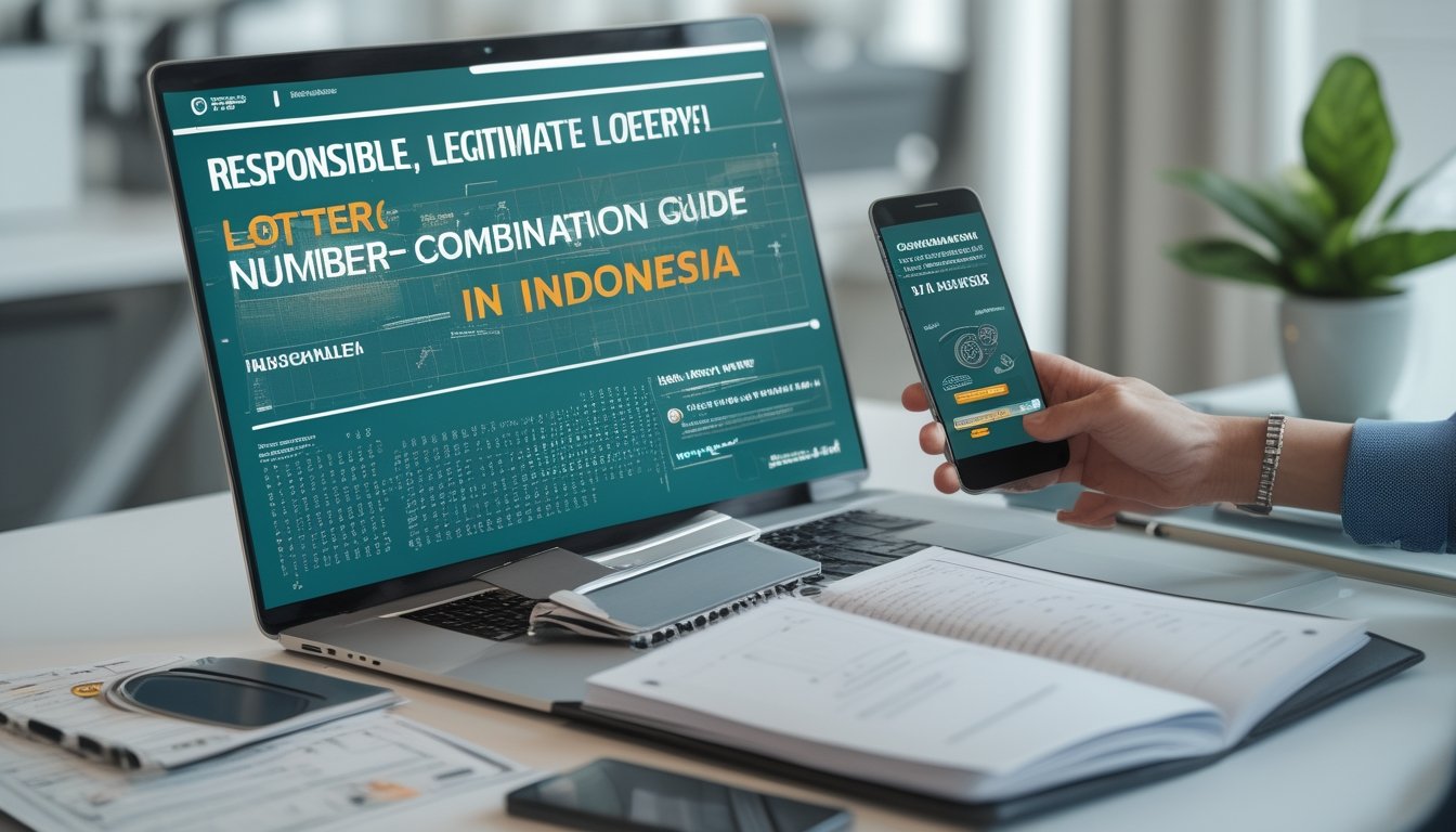 Seseorang meninjau informasi kombinasi angka di meja kerja dengan laptop, ponsel, kalkulator, dan buku catatan.