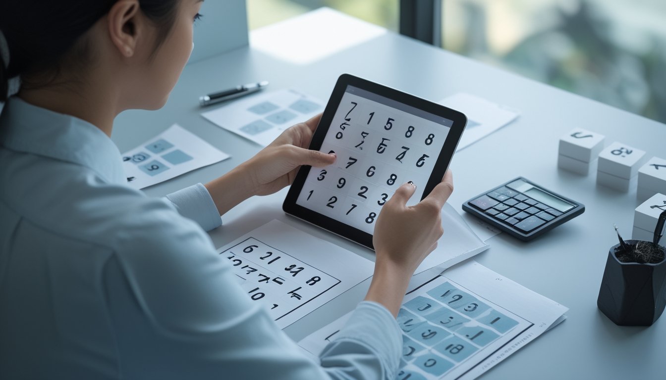 Orang dewasa memeriksa kombinasi angka pada tablet di meja kerja dengan kalkulator dan kertas kosong.