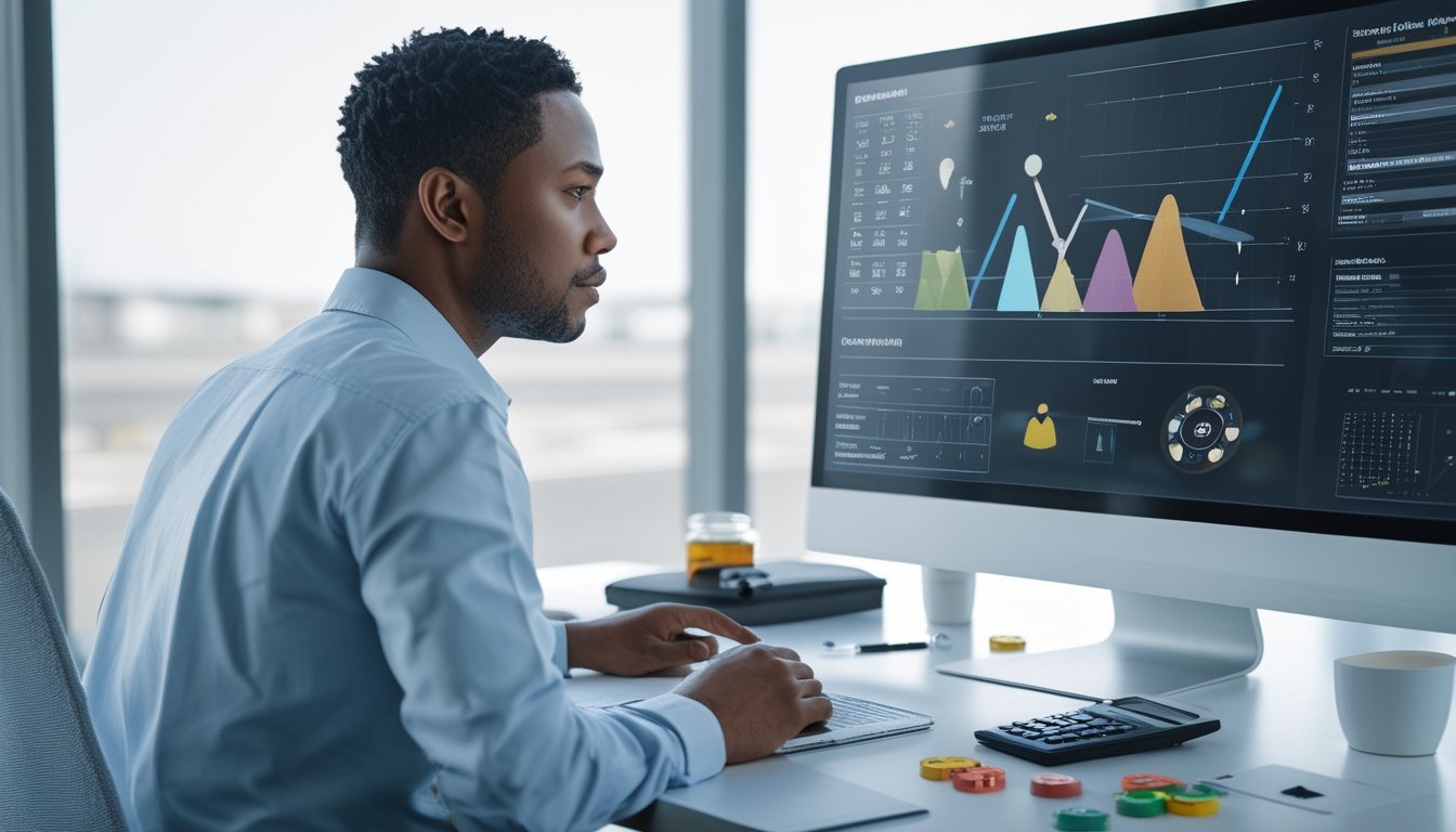 Seorang analis mempelajari grafik probabilitas dan berbagai kombinasi data di meja kerja modern.