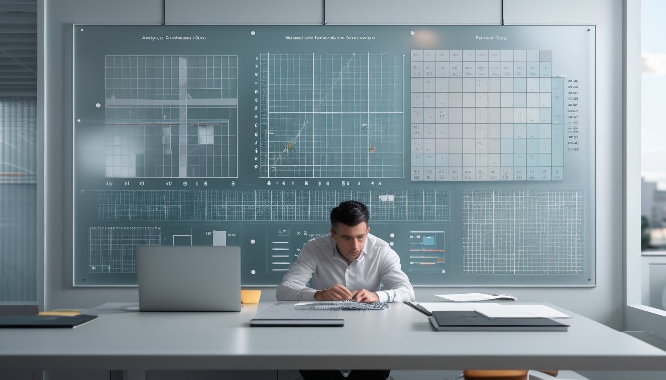 Seorang analis mempelajari pola dan diagram angka di ruang kerja modern.