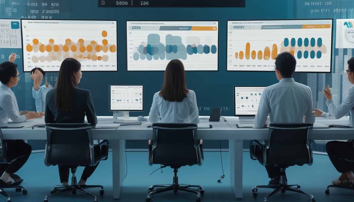 Tim analis mempelajari pola data numerik pada beberapa layar di ruang kerja modern.