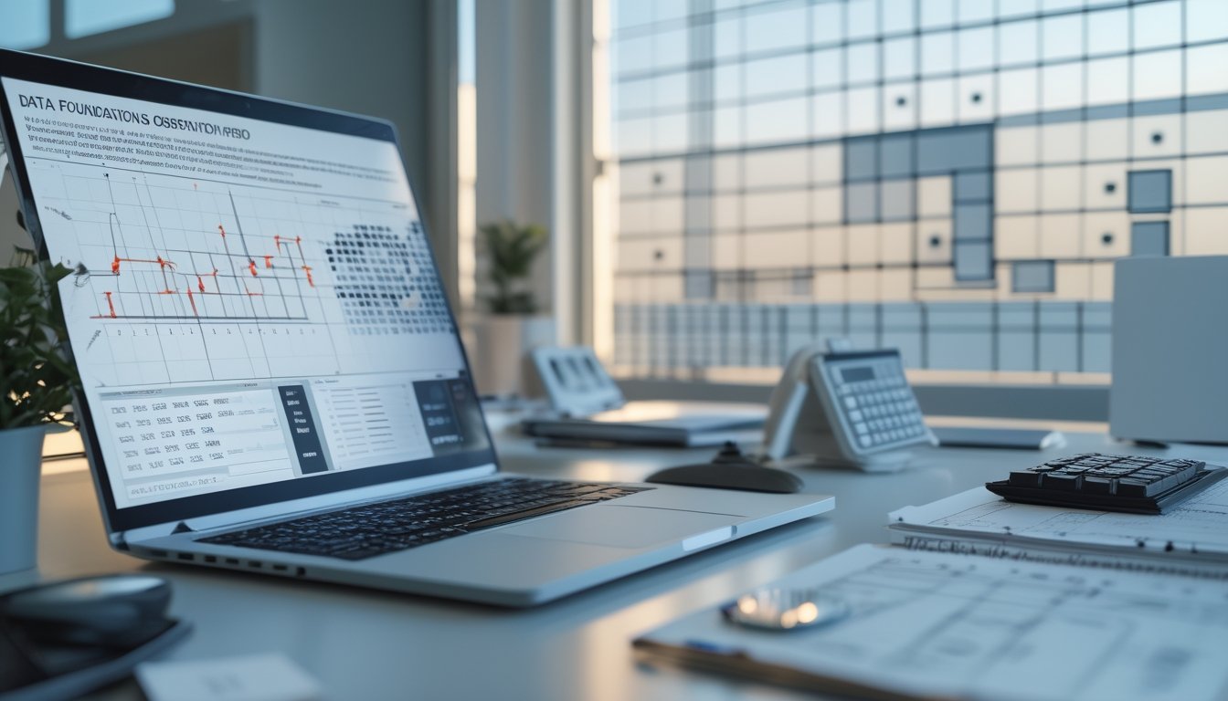 Analis memeriksa pola data angka pada laptop dan monitor di ruang kerja modern.