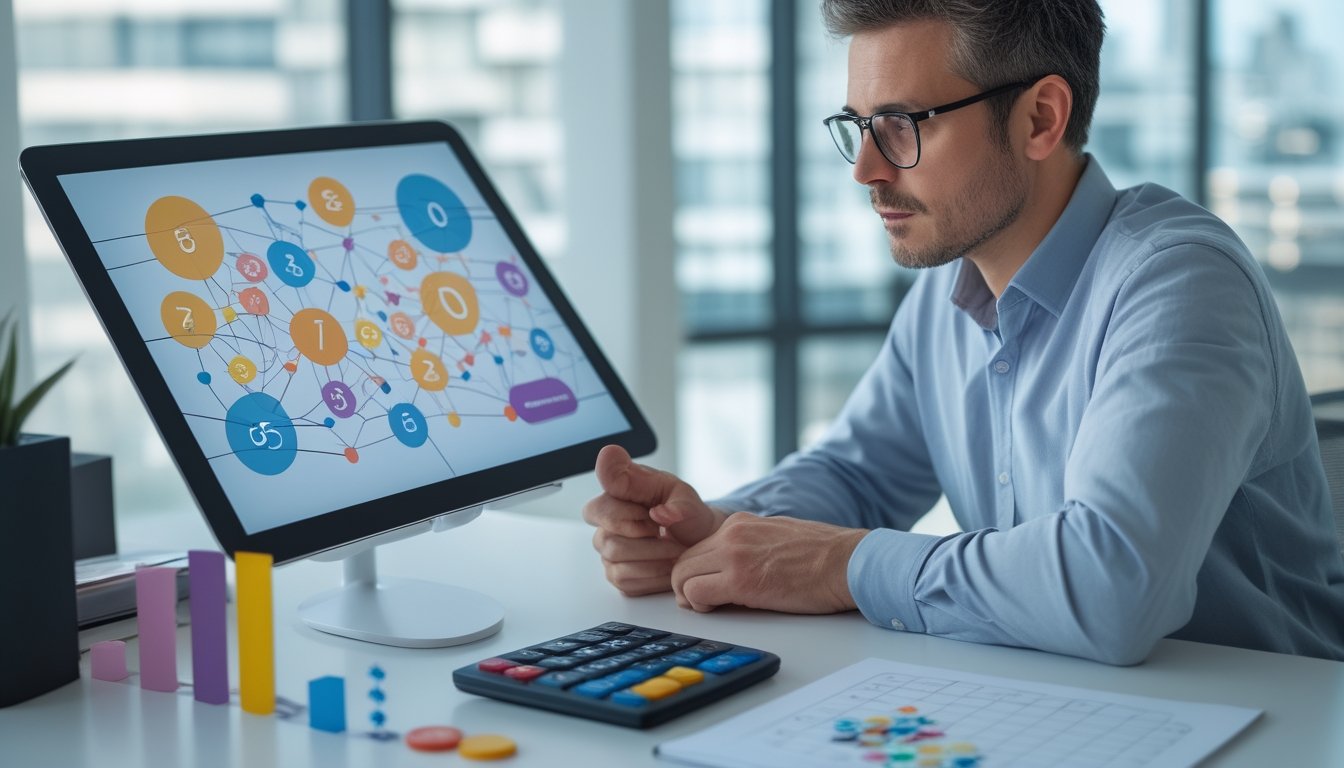 Seorang analis mempelajari pola dan kombinasi abstrak pada tablet di meja kerja modern.