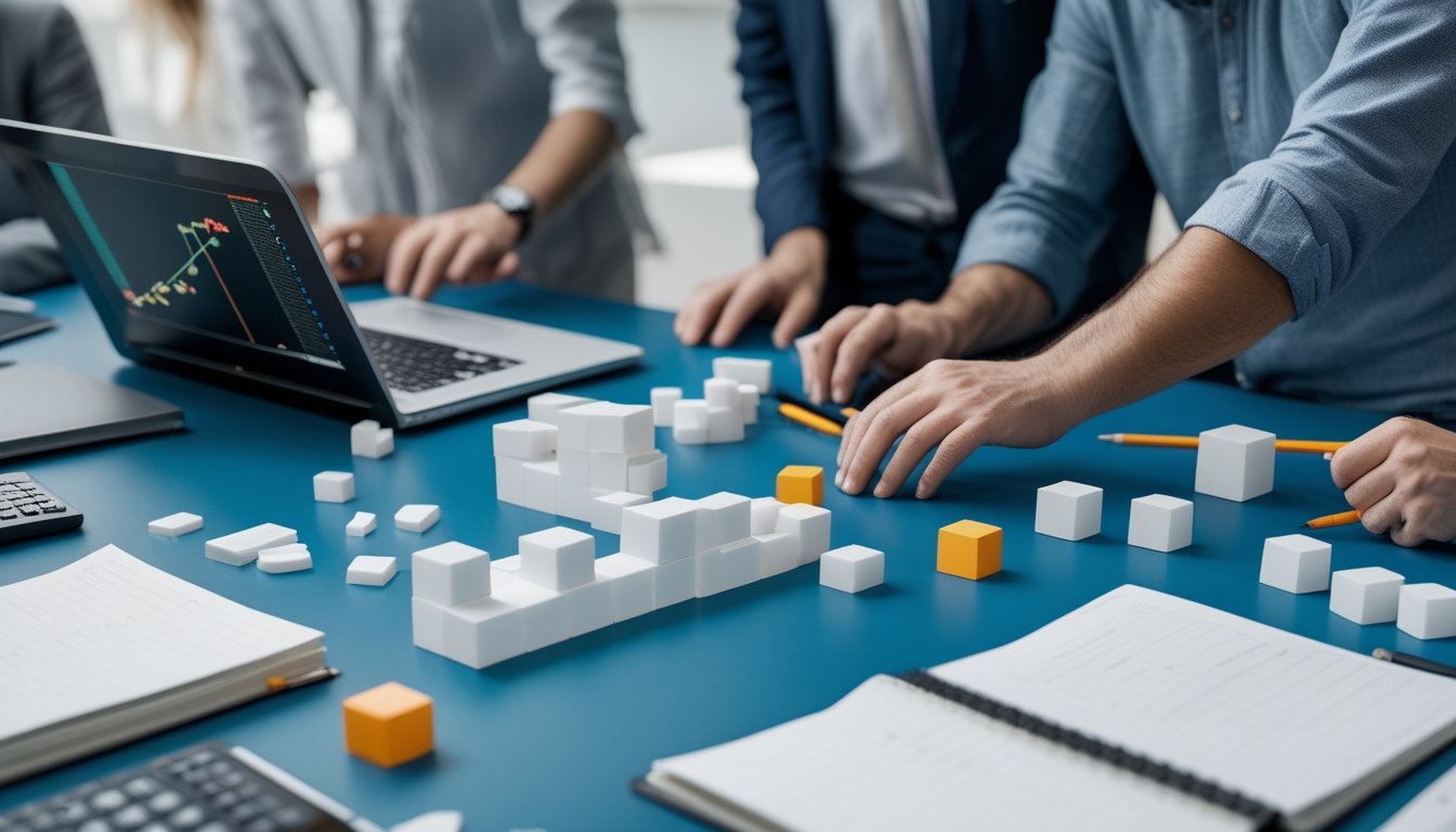 Sekelompok analis dewasa mengamati pola angka dan bentuk geometris 2D serta 3D di meja kerja.