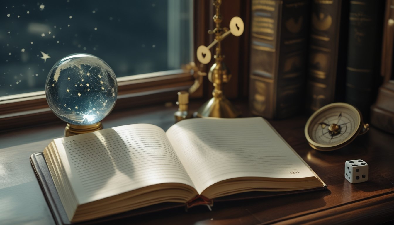 Buku jurnal terbuka dengan bola kristal, kompas, dan dadu di atas meja kayu.