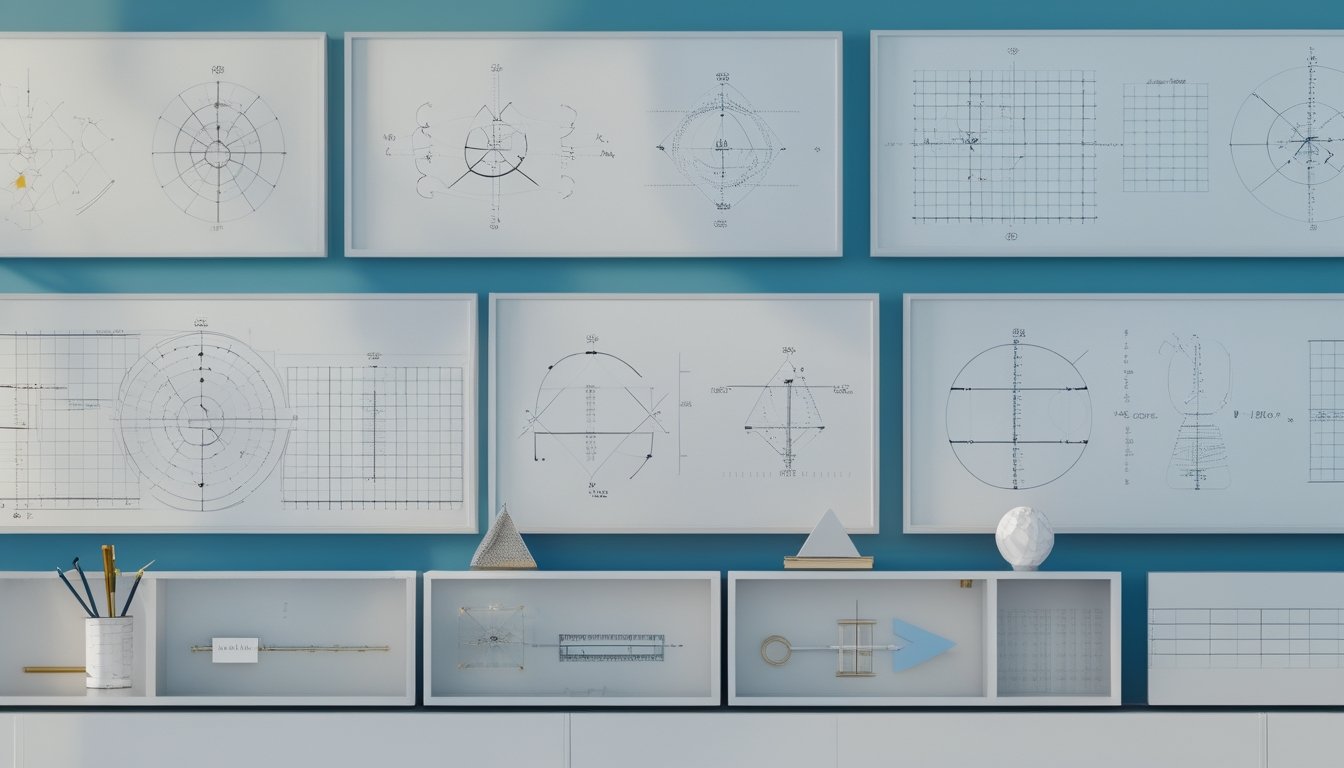 Papan tulis dan meja berisi diagram geometri 2D dan 3D serta alat gambar matematika.