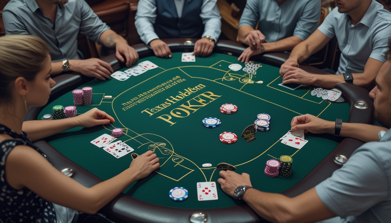 Pemain poker duduk mengelilingi meja dengan chip, kartu, dan tombol dealer, menekankan posisi pemain dalam permainan.