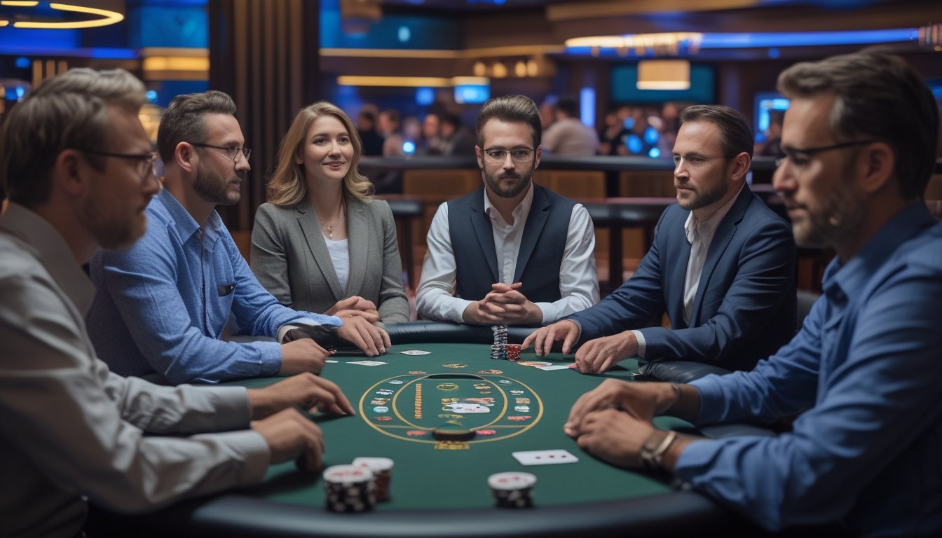Beberapa pemain dewasa duduk mengelilingi meja poker dengan kartu dan keping taruhan, memperhatikan urutan posisi di meja.